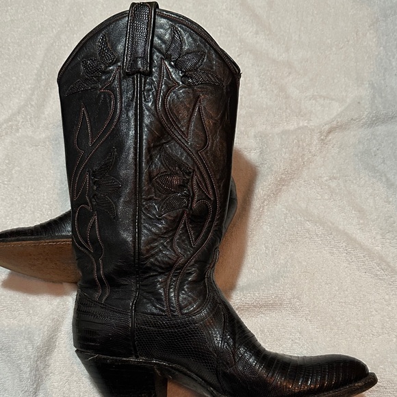 Dan Post Women Black Leather and Lizard Cowboy Boots - Picture 7 of 8
